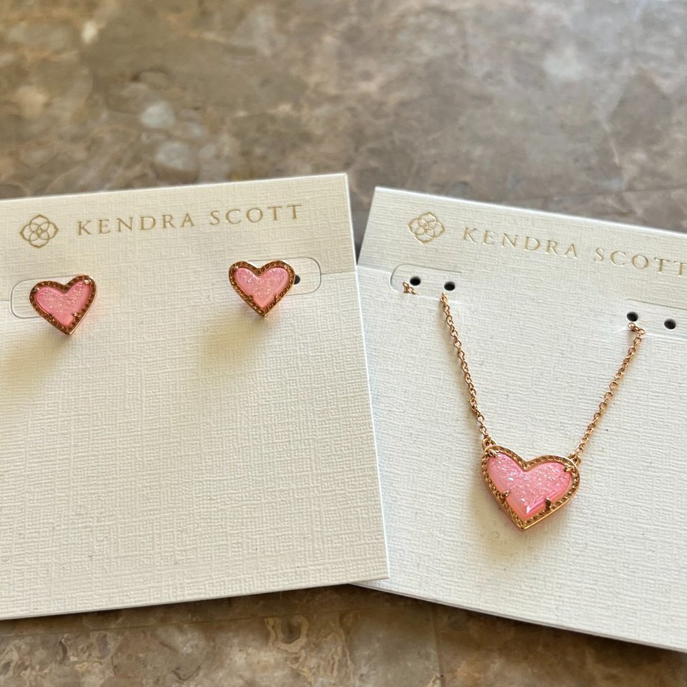 Kendra Scott Necklace and Earrings, light pink drusy heart